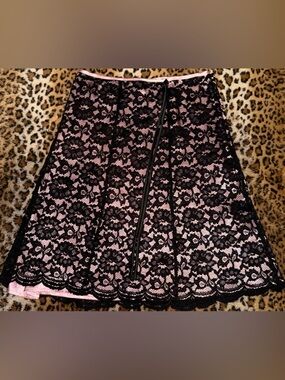 Vintage Pink and Black Lace A-Line Skirt